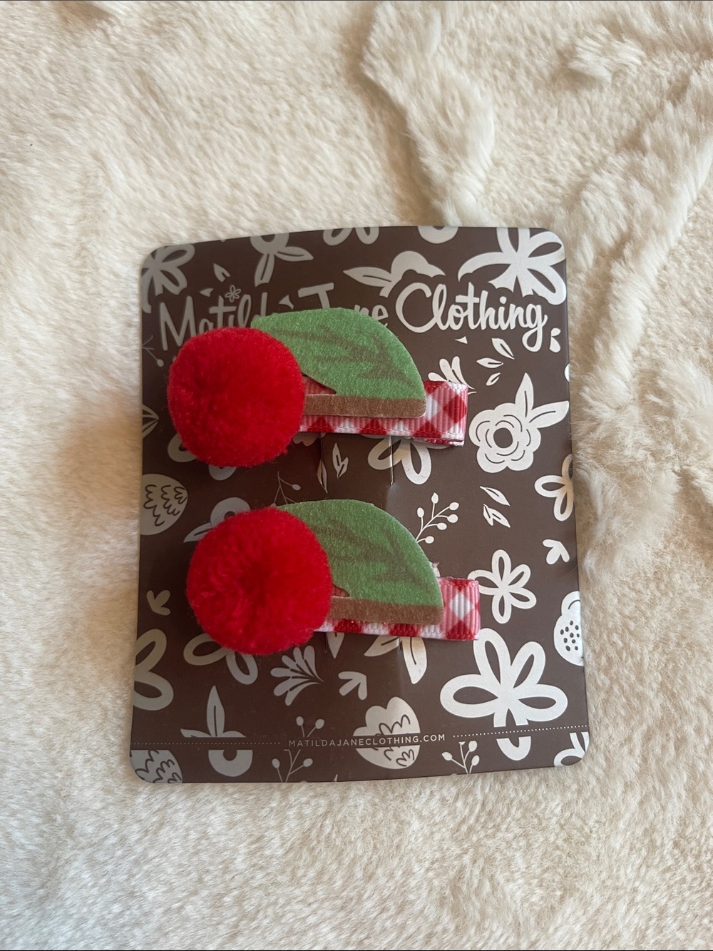 Matilda Jane Red Cherry Pom-Pom Hair Clips with Green Leaves